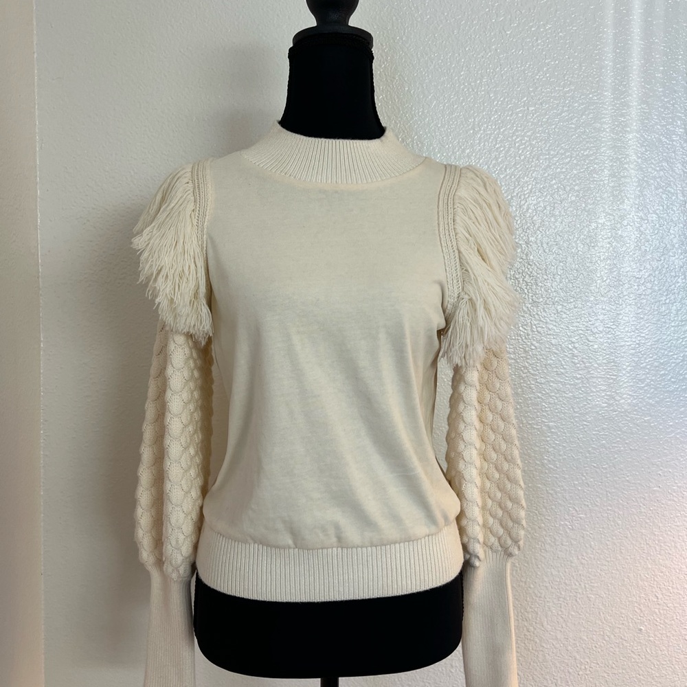 Dolan Cream Sweater with Fringes and Textured Sleeves